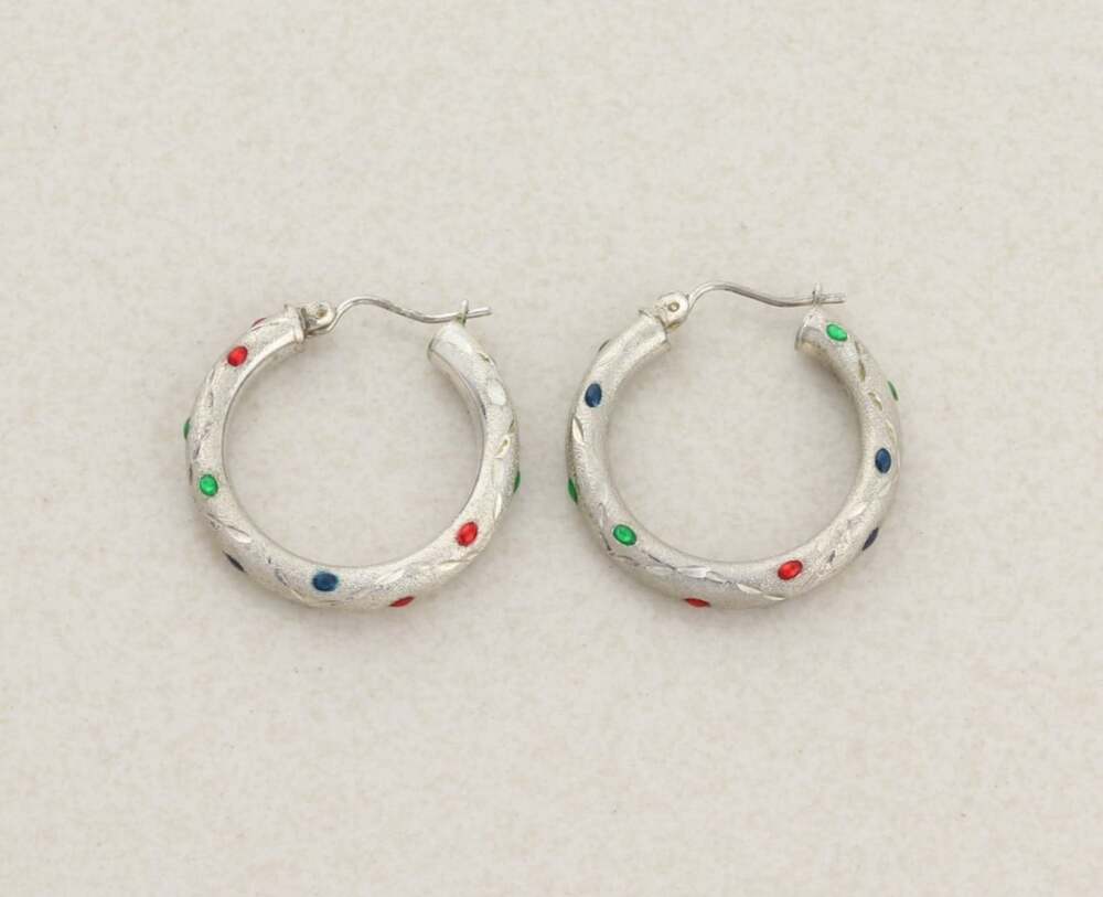 Sterling Silver Blue, Green, & Red Enamel Hoop Earrings 1" inch Hoops